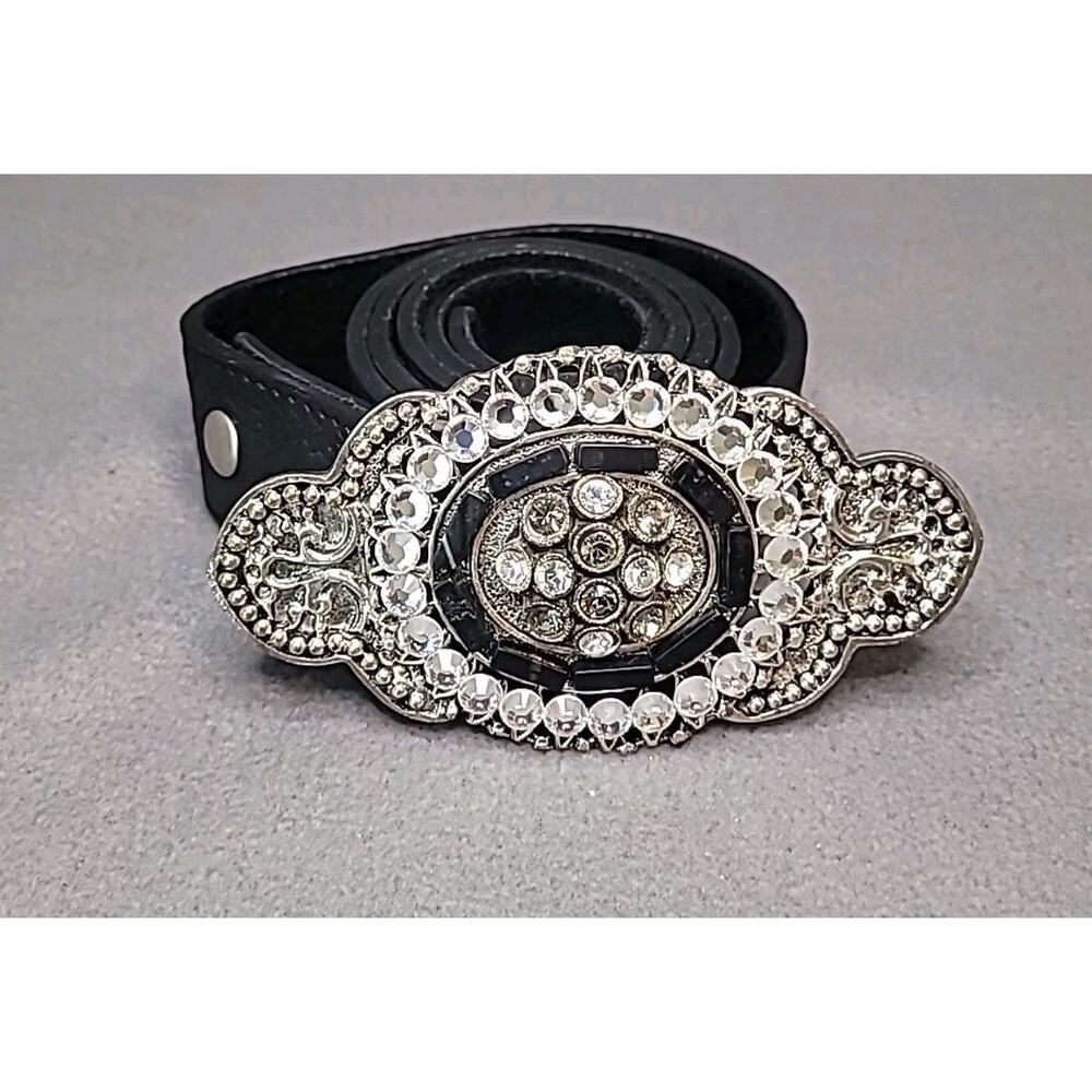 Leatherock Black Belt with Silver Crystal-Studded Oval Buckle